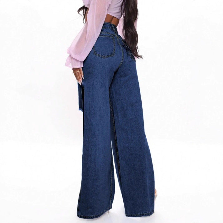 Women's Longer High-Cut Denim Maxi Skirt with Side Thigh Slit and Used Details Fashion Glam