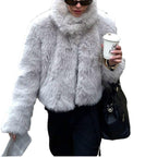Women’s short cut plush bolero with high standing collar and boxy silhouette Fashion Glam