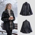 Women's Oversized Faux Leather Jacket with Stand Collar, Waist Drawstring and Patch Pockets Fashion Glam