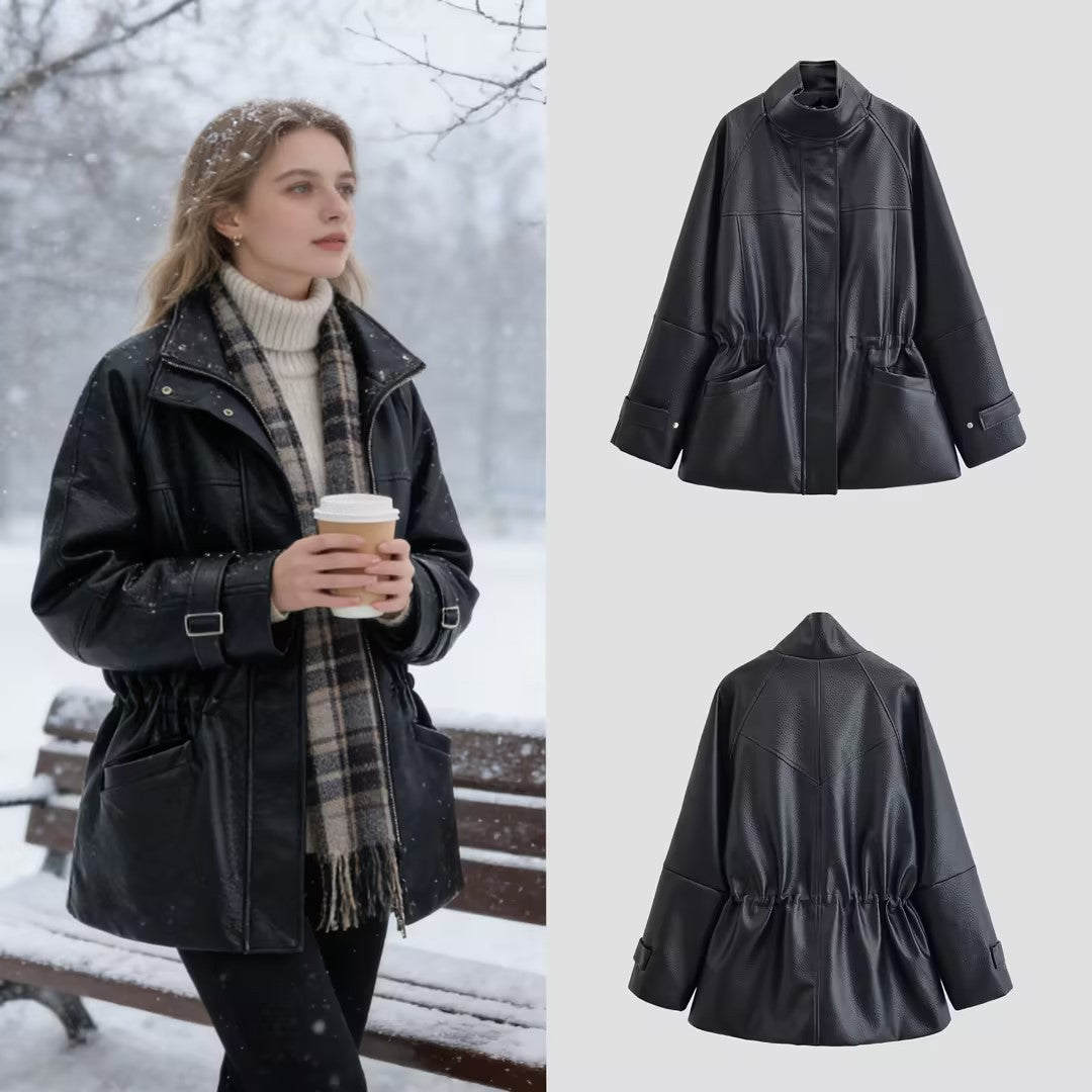 Women's Oversized Faux Leather Jacket with Stand Collar, Waist Drawstring and Patch Pockets Fashion Glam