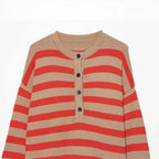Women's Striped Knitted Sweater with Henley Button Placket Fashion Glam