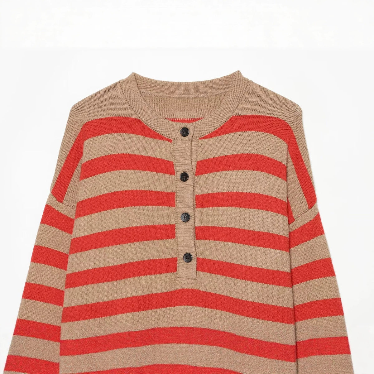 Women's Striped Knitted Sweater with Henley Button Placket Fashion Glam