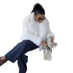 Women's Short Teddy Faux Fur Jacket with Boxy Silhouette and Oversized Lapel Collar Fashion Glam