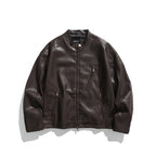 Men's short jacket made of vegan leather with a stand-up collar, three zip pockets, and two-way zipper Fashion Glam