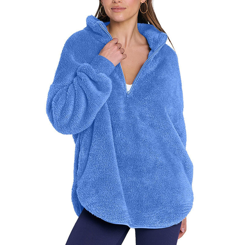 Women Fluffy Oversized Sherpa Pullover with Half Zip and Kangaroo Pockets Fashion Glam