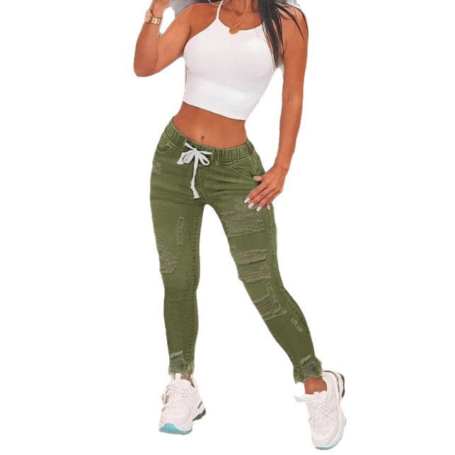 Women's waist-accentuated denim joggers with drawstring, ripped details & sculpting effect Fashion Glam