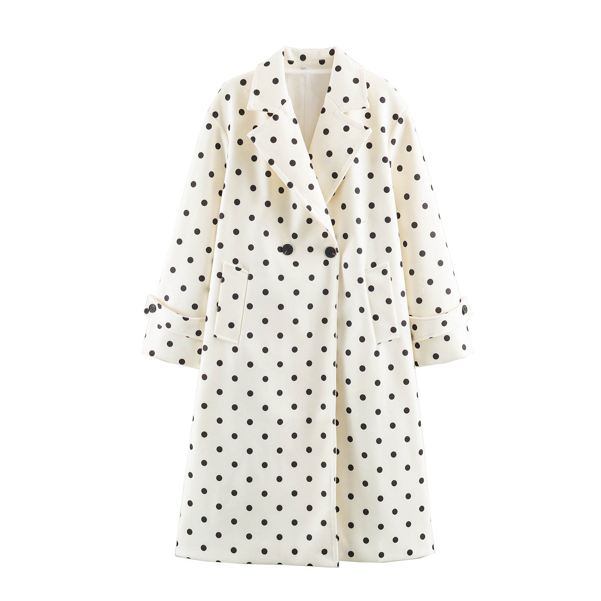 Women's midi coat in polka dot pattern with lapel collar and double-breasted button placket Fashion Glam