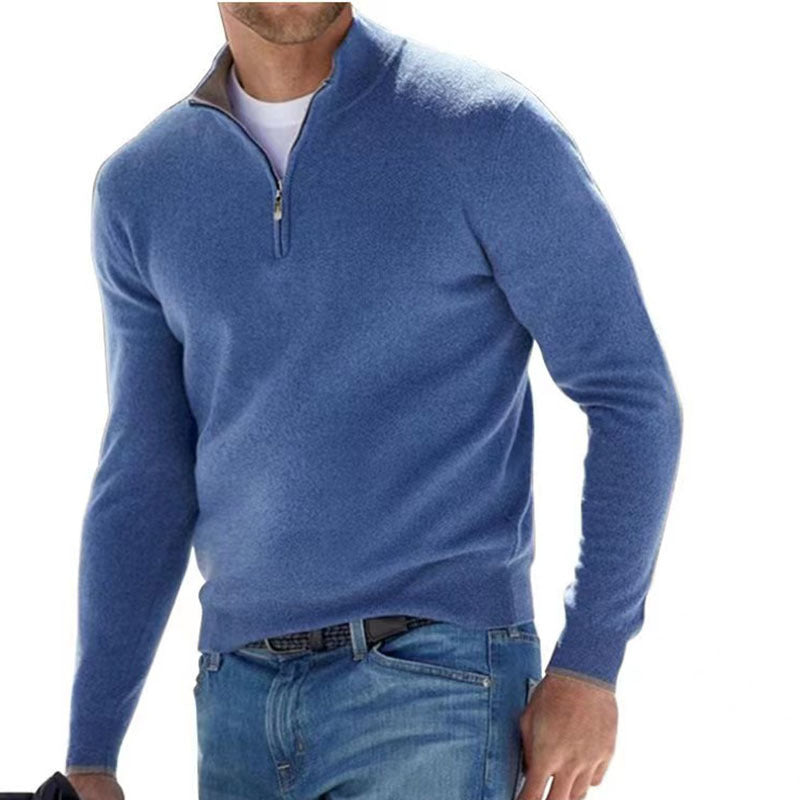 Men's Fine Knit Sweater with Short Zipper and Troyer Collar Fashion Glam