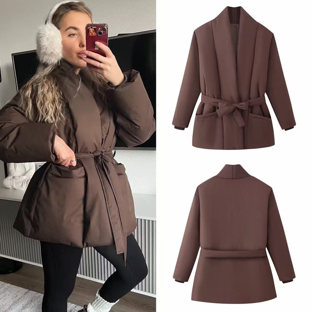 Ladies Quilted Short Jacket with Shawl Collar and Waist Belt Fashion Glam