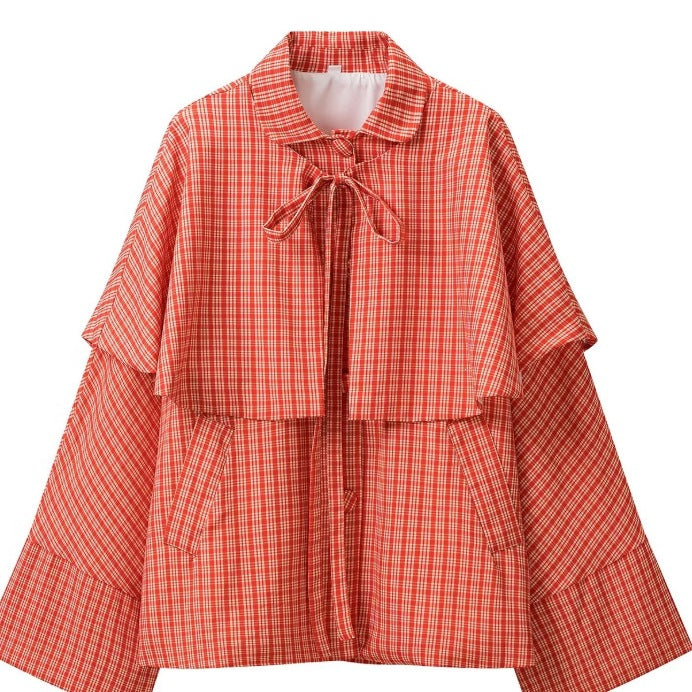 Women's Checkered Cape Transitional Jacket with Layered Cape and Bow Tie Fashion Glam