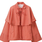 Women's Checkered Cape Transitional Jacket with Layered Cape and Bow Tie Fashion Glam