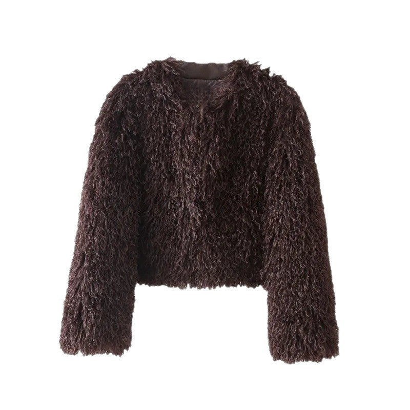 Ladies short bouclé faux fur jacket with voluminous long pile and boxy silhouette Fashion Glam