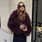 Ladies Short Boxy Plush Jacket in Shaggy Look with Dropped Lapel Fashion Glam