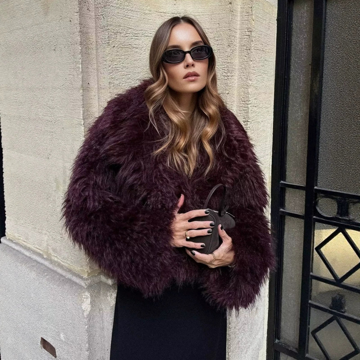 Ladies Short Boxy Plush Jacket in Shaggy Look with Dropped Lapel Fashion Glam