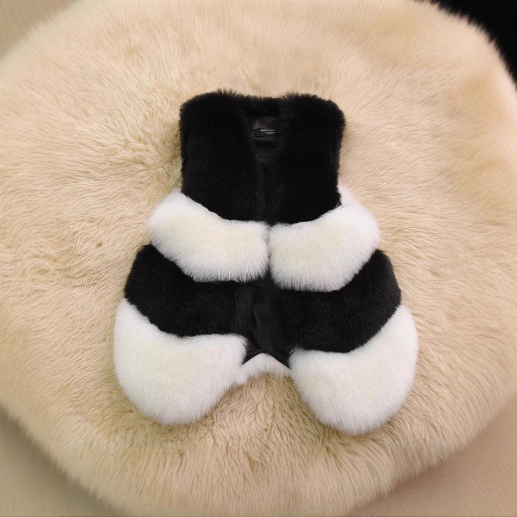 Women Cropped Faux Fur Vest with Layered Volume Panels Fashion Glam