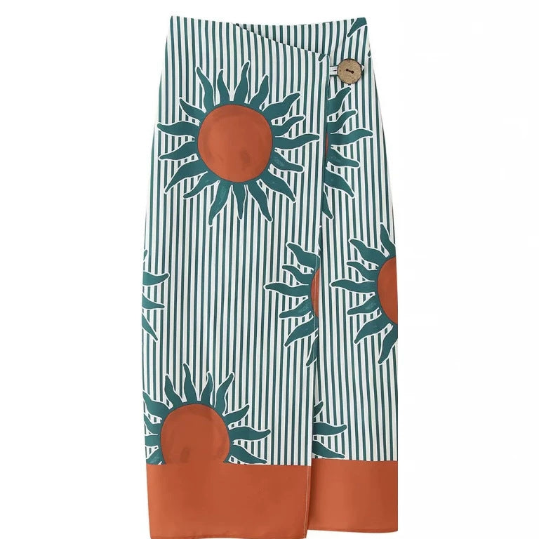 Women's Midi Skirt Wrap Skirt with Sun Print, Vertical Stripes and Button Closure Fashion Glam