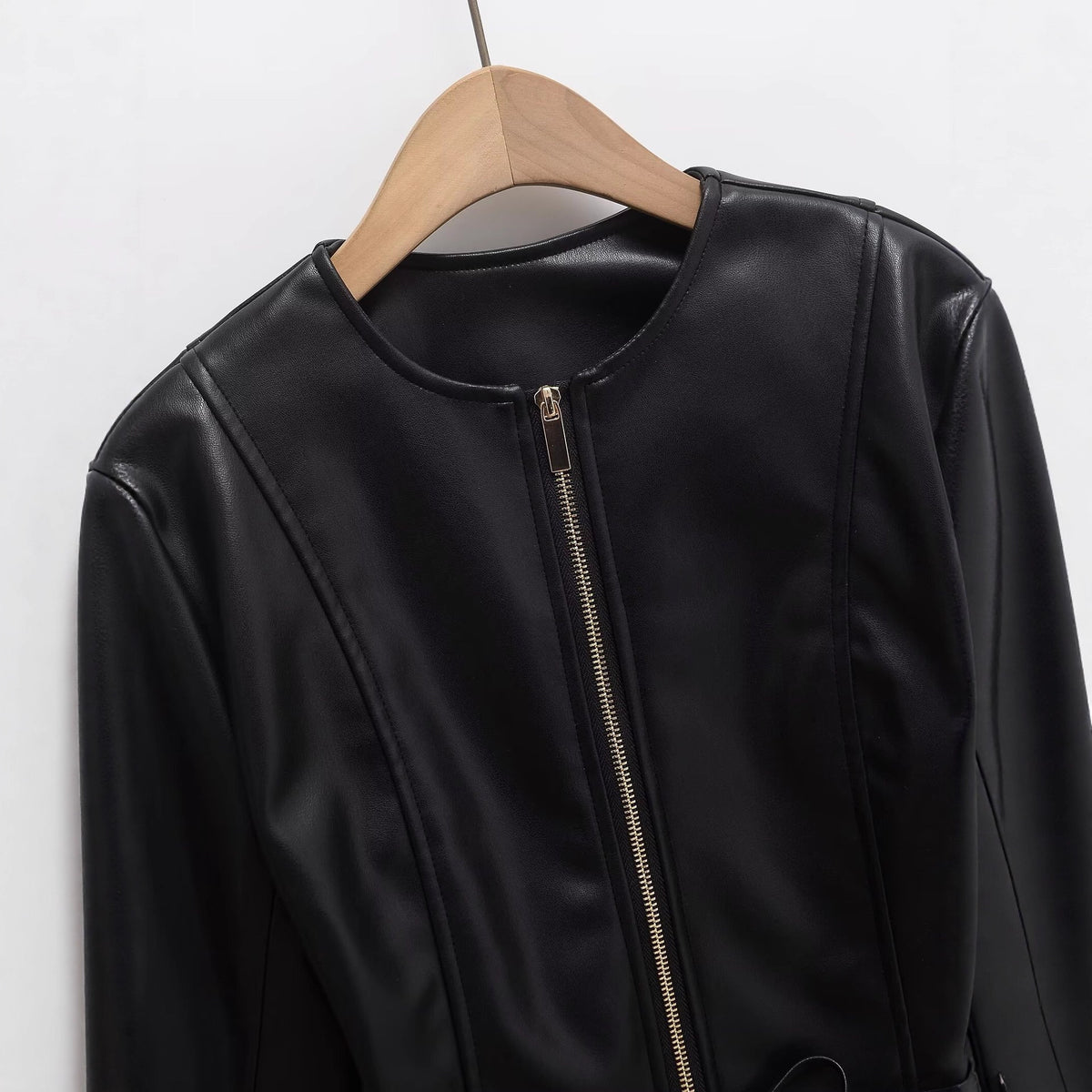 Women's Collarless Faux Leather Jacket with Zipper and Waistband Fashion Glam
