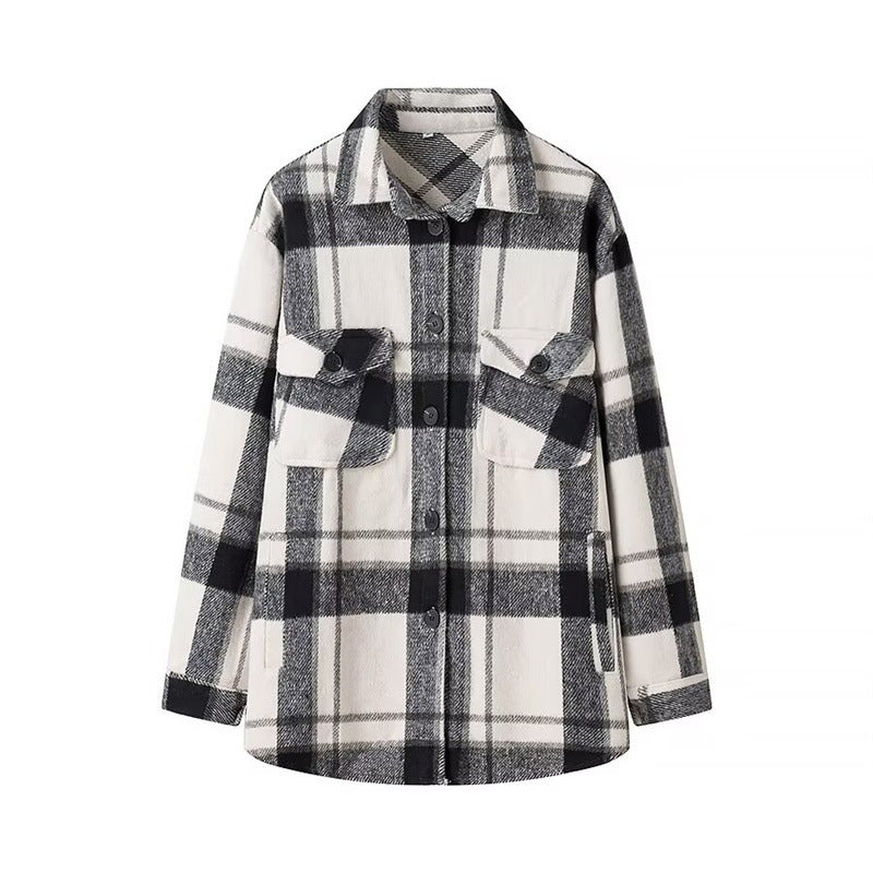 Women's Checked Overshirt in Shacket Style with Patch Chest Pockets and Soft Flannel Look Fashion Glam