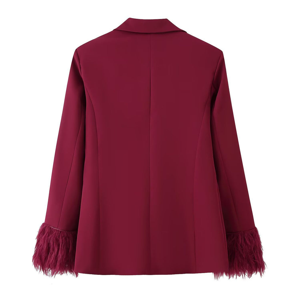 Women Elegant Two-Piece Blazer and Wide Leg Trousers Ensemble with Feather Trim on Sleeves Fashion Glam