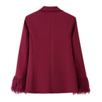 Women Elegant Two-Piece Blazer and Wide Leg Trousers Ensemble with Feather Trim on Sleeves Fashion Glam