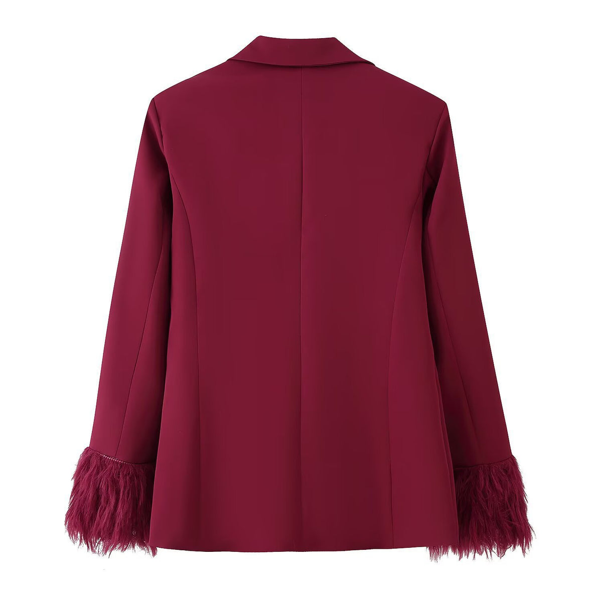 Women Elegant Two-Piece Blazer and Wide Leg Trousers Ensemble with Feather Trim on Sleeves Fashion Glam