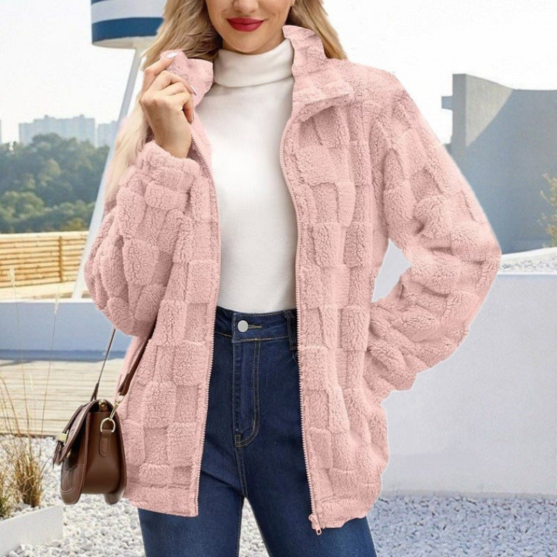 Women's teddy jacket with check structure, stand-up collar and zipper Fashion Glam