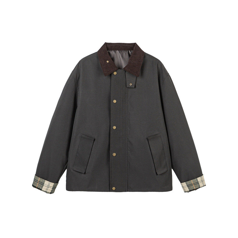 Men's Short Boxy Work Jacket made of sturdy canvas with cord collar and concealed snap button placket Fashion Glam