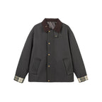 Men's Short Boxy Work Jacket made of sturdy canvas with cord collar and concealed snap button placket Fashion Glam