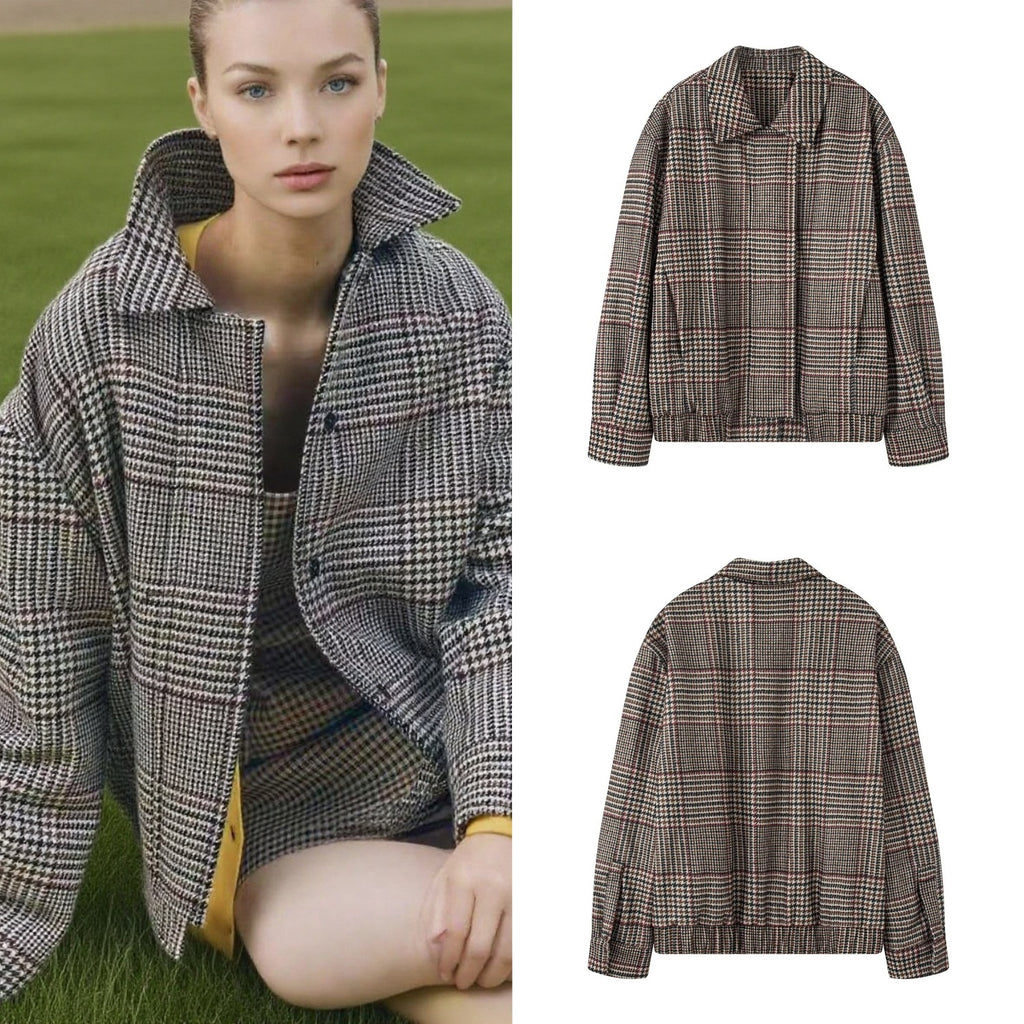 Women's Oversize Short Jacket in Houndstooth Pattern with Stand Collar and Elastic Hem Fashion Glam