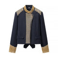 Women's short military-inspired jacket with stand-up collar, decorative cords, and gold-trimmed cuffs Fashion Glam