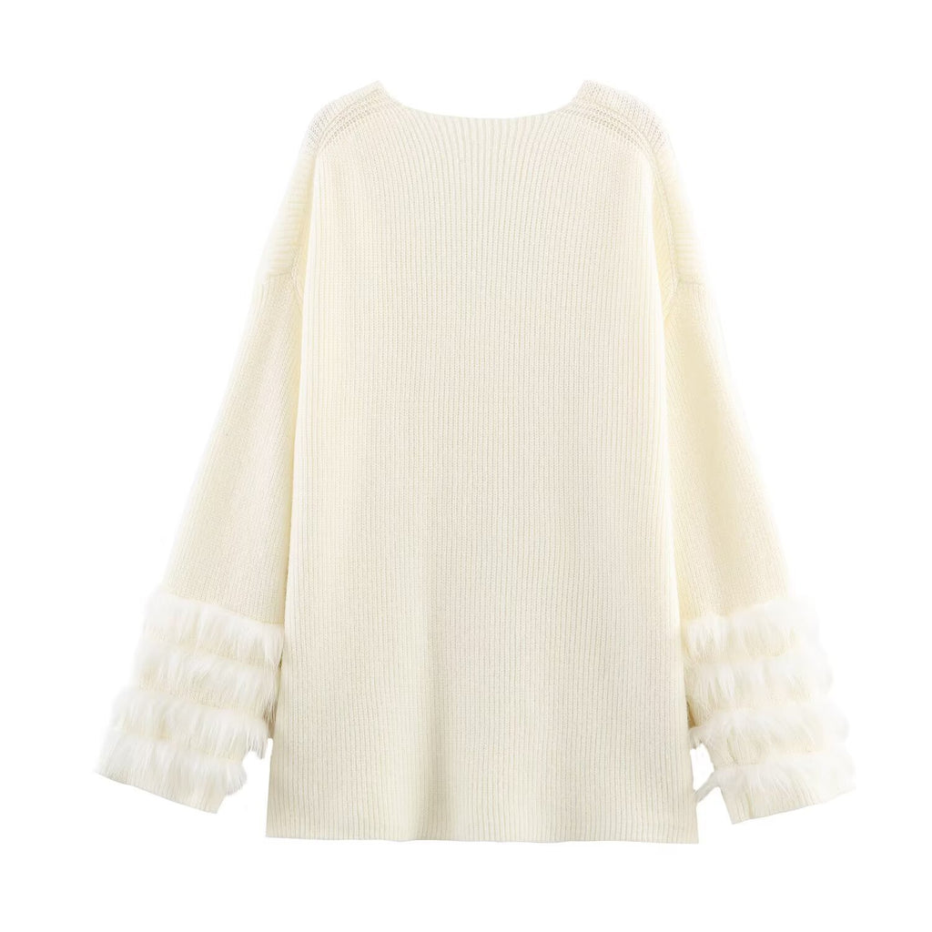 Ladies fine knit mini dress with deep V-neckline and layered faux fur sleeves Fashion Glam