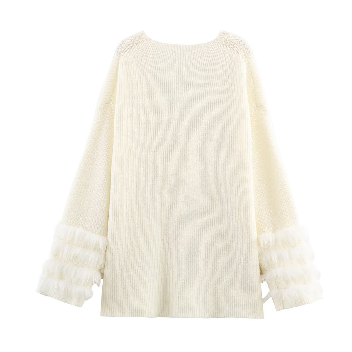 Ladies fine knit mini dress with deep V-neckline and layered faux fur sleeves Fashion Glam