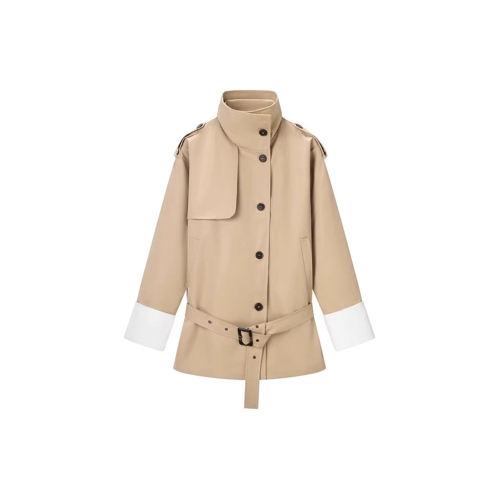 Ladies short trench coat in modern bonded look with high stand-up collar, shoulder tabs and contrast cuffs Fashion Glam