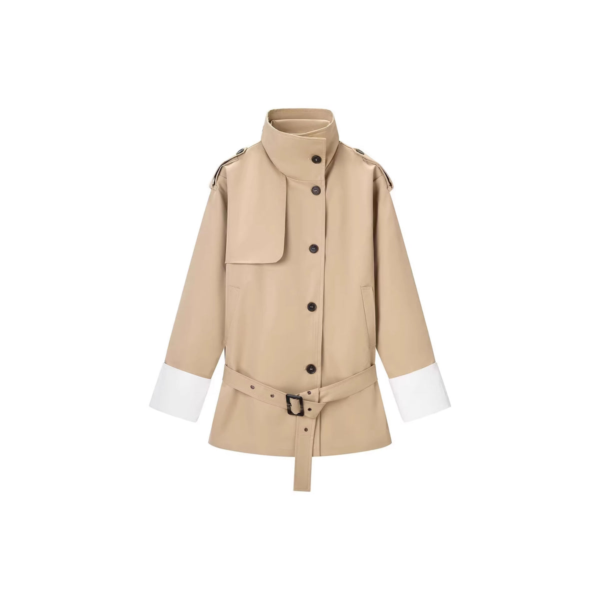 Ladies short trench coat in modern bonded look with high stand-up collar, shoulder tabs and contrast cuffs Fashion Glam