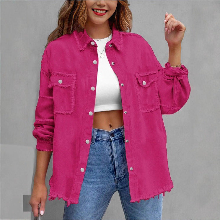 Women's Oversized Denim Utility Jacket with Frayed Edges and Flap Pockets Fashion Glam