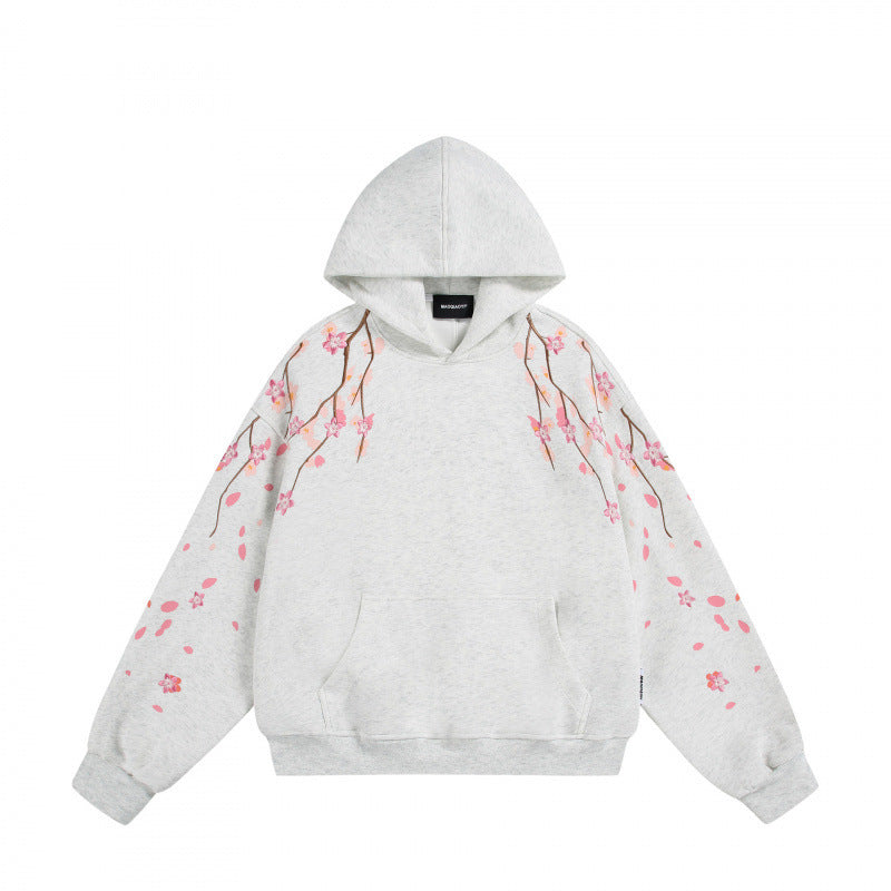 Unisex Oversize Hoodie with Cherry Blossom Print, Kangaroo Pocket and Loose Fit Fashion Glam