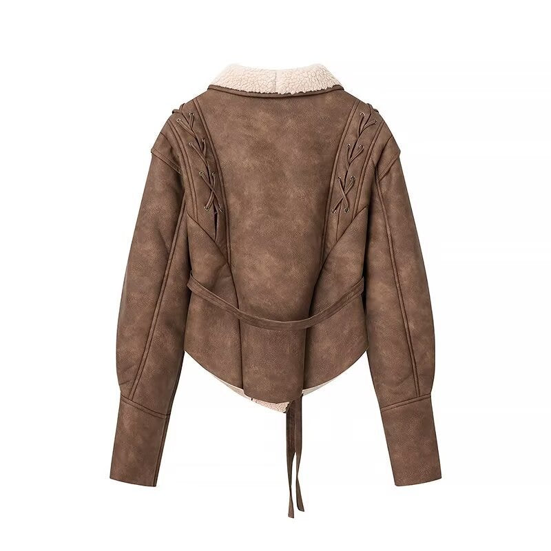 Ladies Padded Short Jacket in Aviator Look with Teddy Lining and Waist Belt Fashion Glam