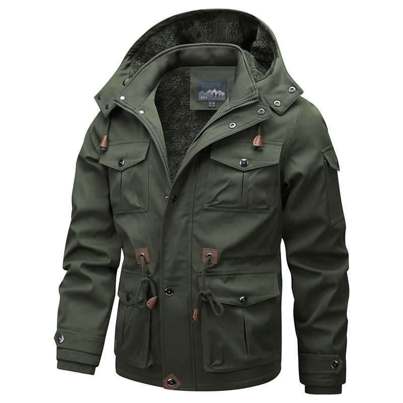Men's Military-Inspired Canvas Parka with Teddy Fleece Lining and Adjustable Waist Drawstring Fashion Glam