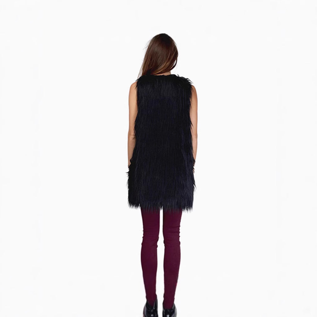 Ladies long sleeveless shaggy faux fur vest with concealing A-line and soft high-pile Fashion Glam