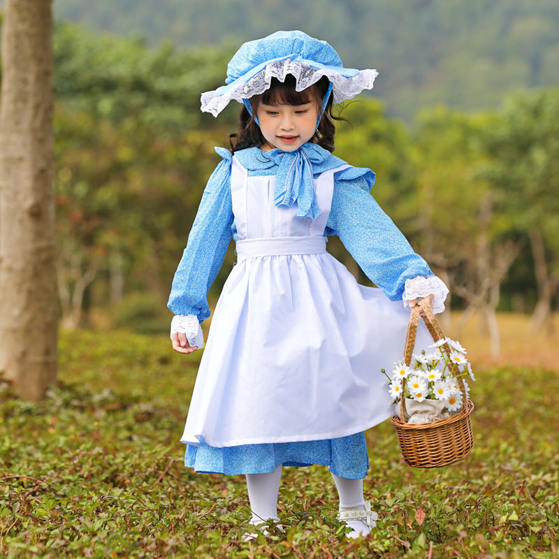 Women's Vintage Farmer Dress with Romantic Ruffles and Matching Hat Fashion Glam