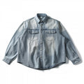 Unisex Oversize Denim Shirt Jacket in Vintage Wash with Chest Flap Pockets and Rounded Hem Fashion Glam