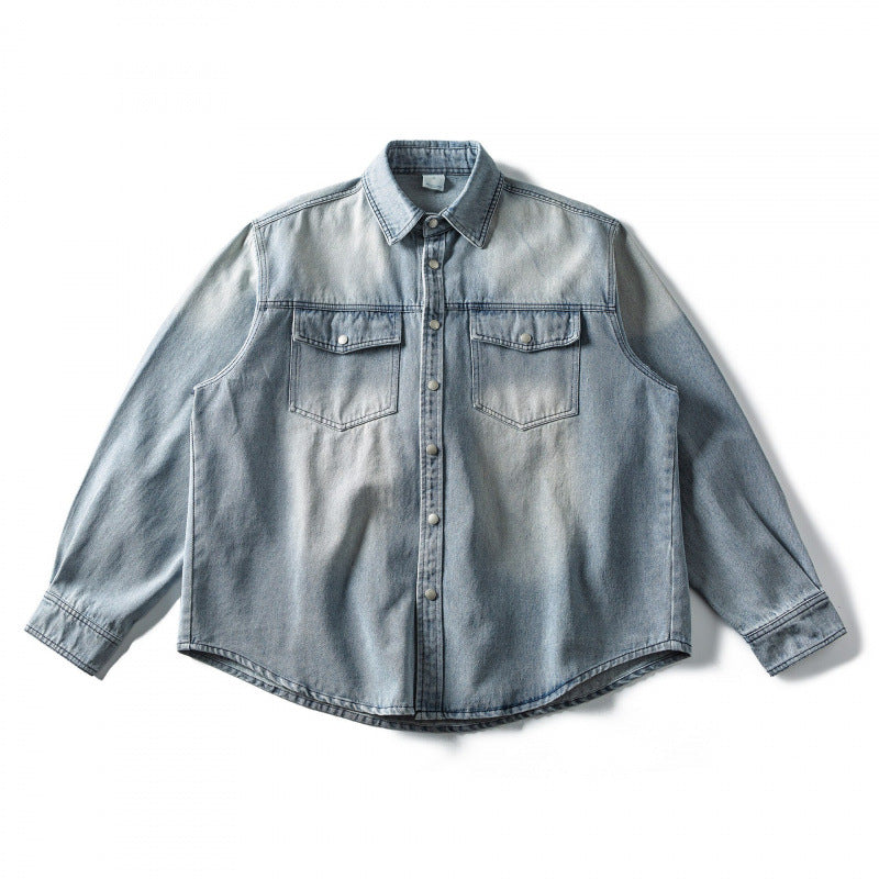 Unisex Oversize Denim Shirt Jacket in Vintage Wash with Chest Flap Pockets and Rounded Hem Fashion Glam