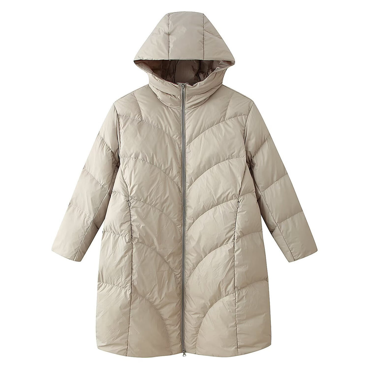 Women's longer padded quilted coat with hood and double zipper Fashion Glam