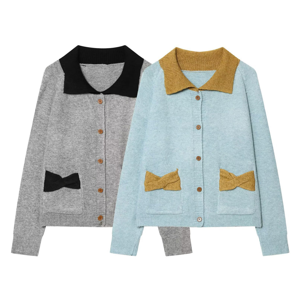 Women’s knit cardigan with oversized collar and bow pockets Fashion Glam