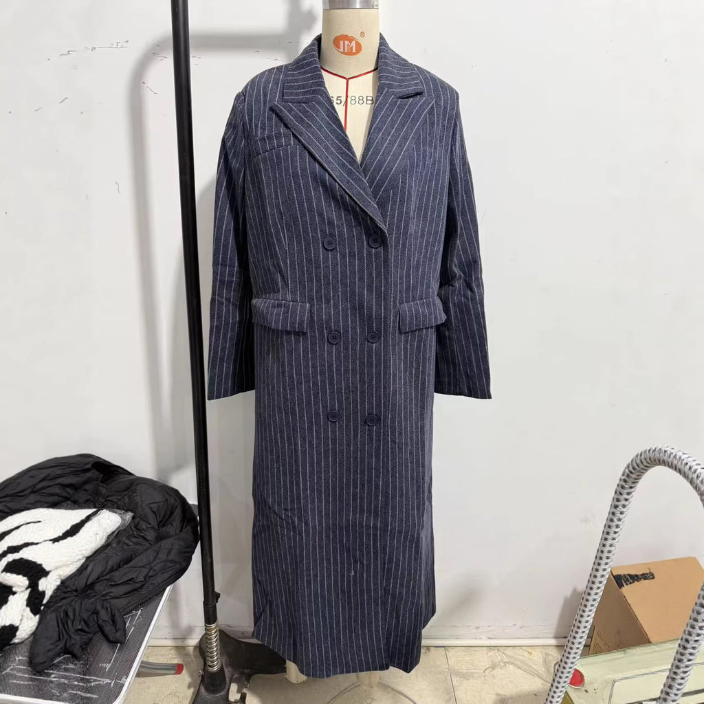 Women Long Double-Breasted Pinstripe Coat with Oversized Shoulder Fashion Glam