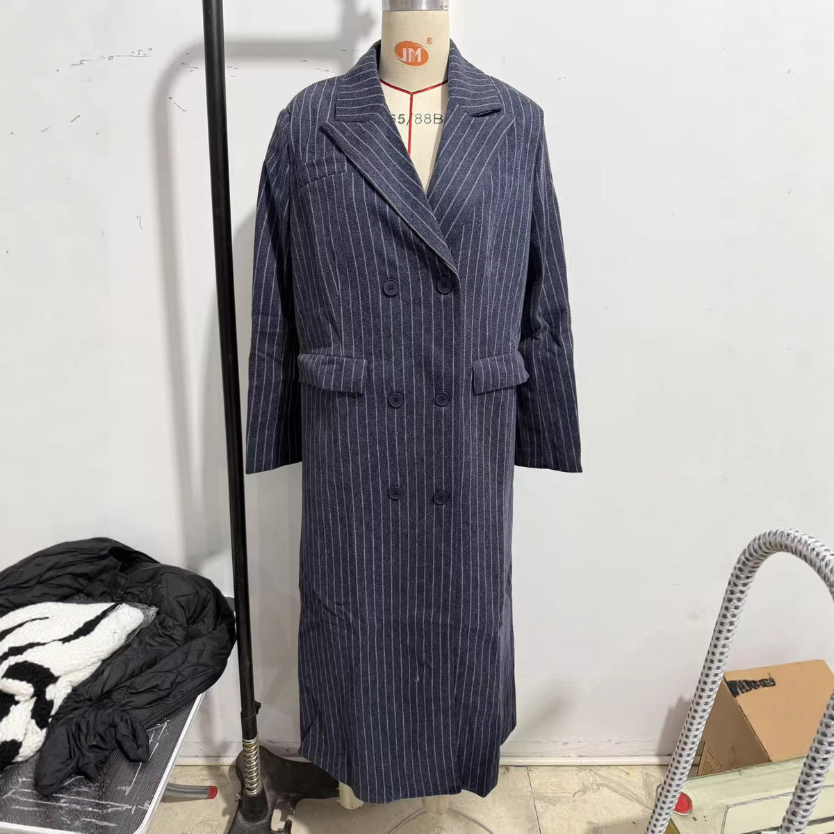 Women Long Double-Breasted Pinstripe Coat with Oversized Shoulder Fashion Glam
