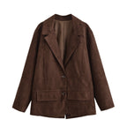 Women's Oversized Suede Look Blazer Jacket with Lapel Collar and Flap Pockets Fashion Glam