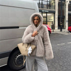 Women's Hooded Faux Fur Short Jacket with Dense Long Pile and Oversize Silhouette Fashion Glam