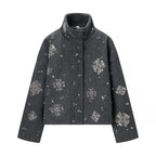 Women's Short Embroidered Wool Blend Boxy Coat with Stand Collar Fashion Glam