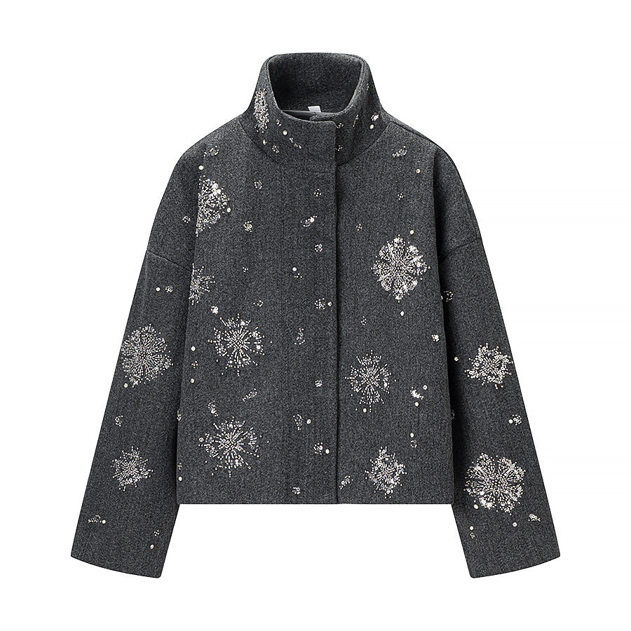 Women's Short Embroidered Wool Blend Boxy Coat with Stand Collar Fashion Glam
